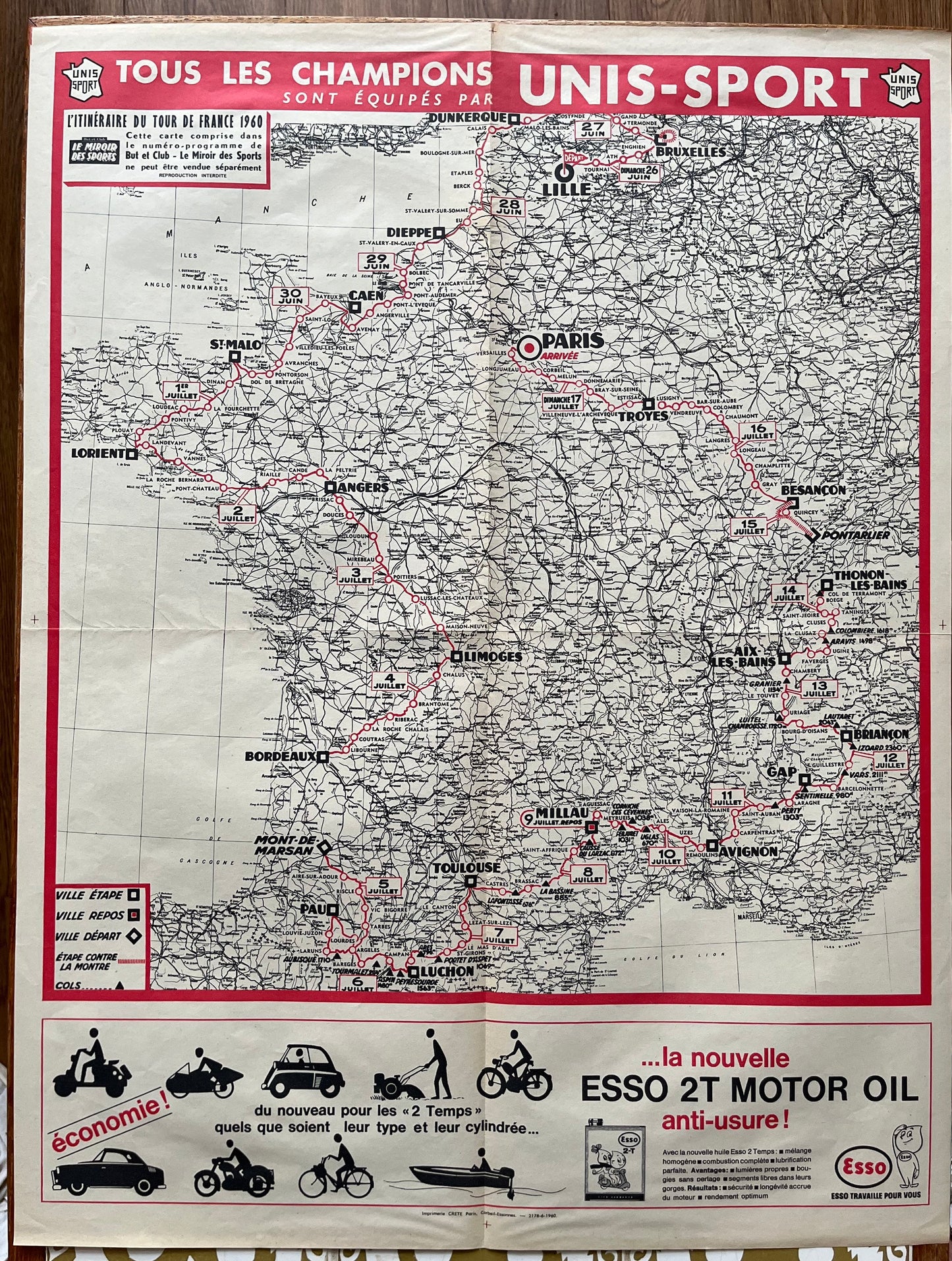 Vintage Cycling Print - Tour de France Route Map, 1960