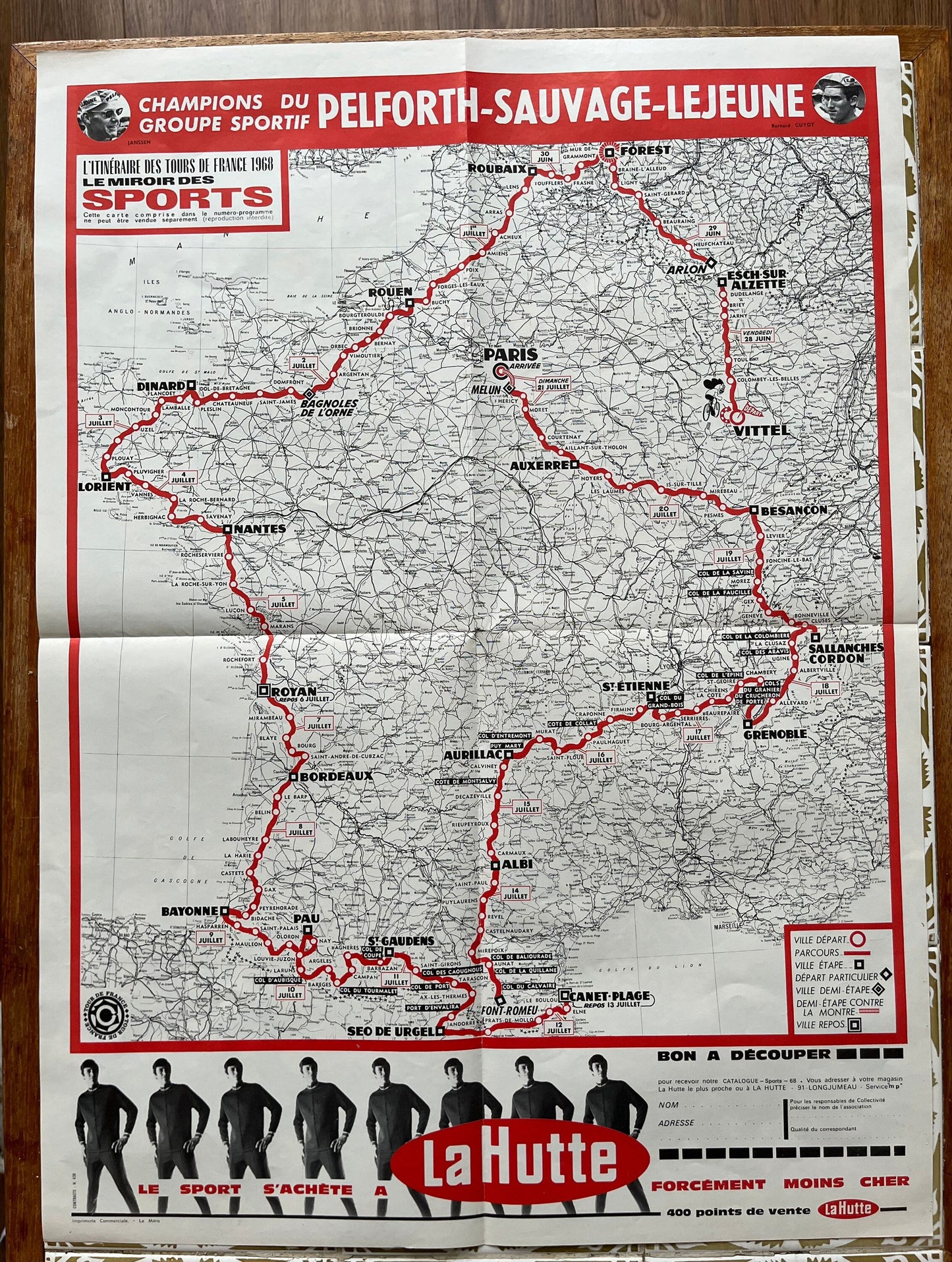 Vintage Cycling Print - Tour de France Route Map, 1968