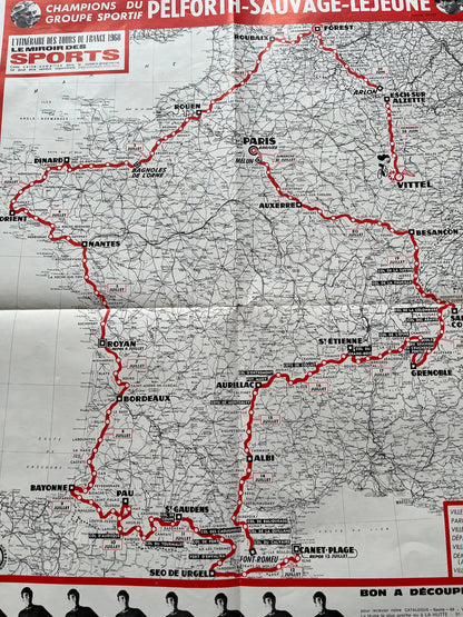 Vintage Cycling Print - Tour de France Route Map, 1968