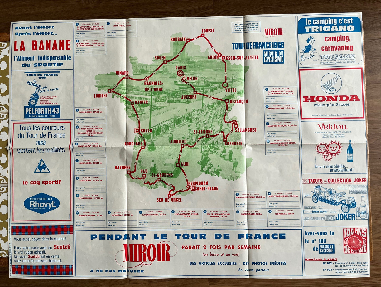 Vintage Cycling Print - Tour de France Route Map, 1968