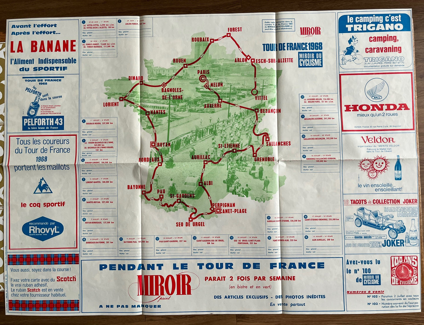 Vintage Cycling Print - Tour de France Route Map, 1968