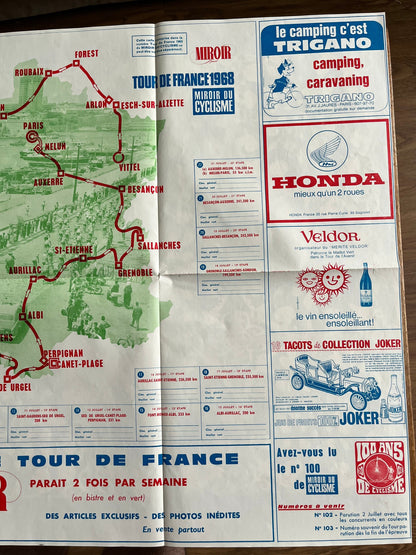 Vintage Cycling Print - Tour de France Route Map, 1968