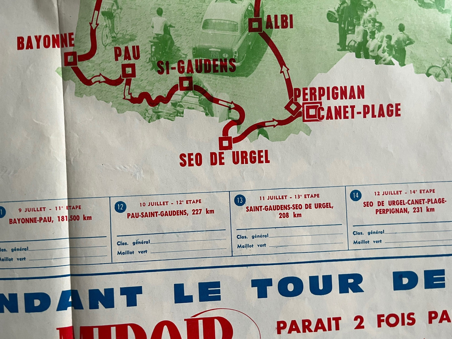 Vintage Cycling Print - Tour de France Route Map, 1968