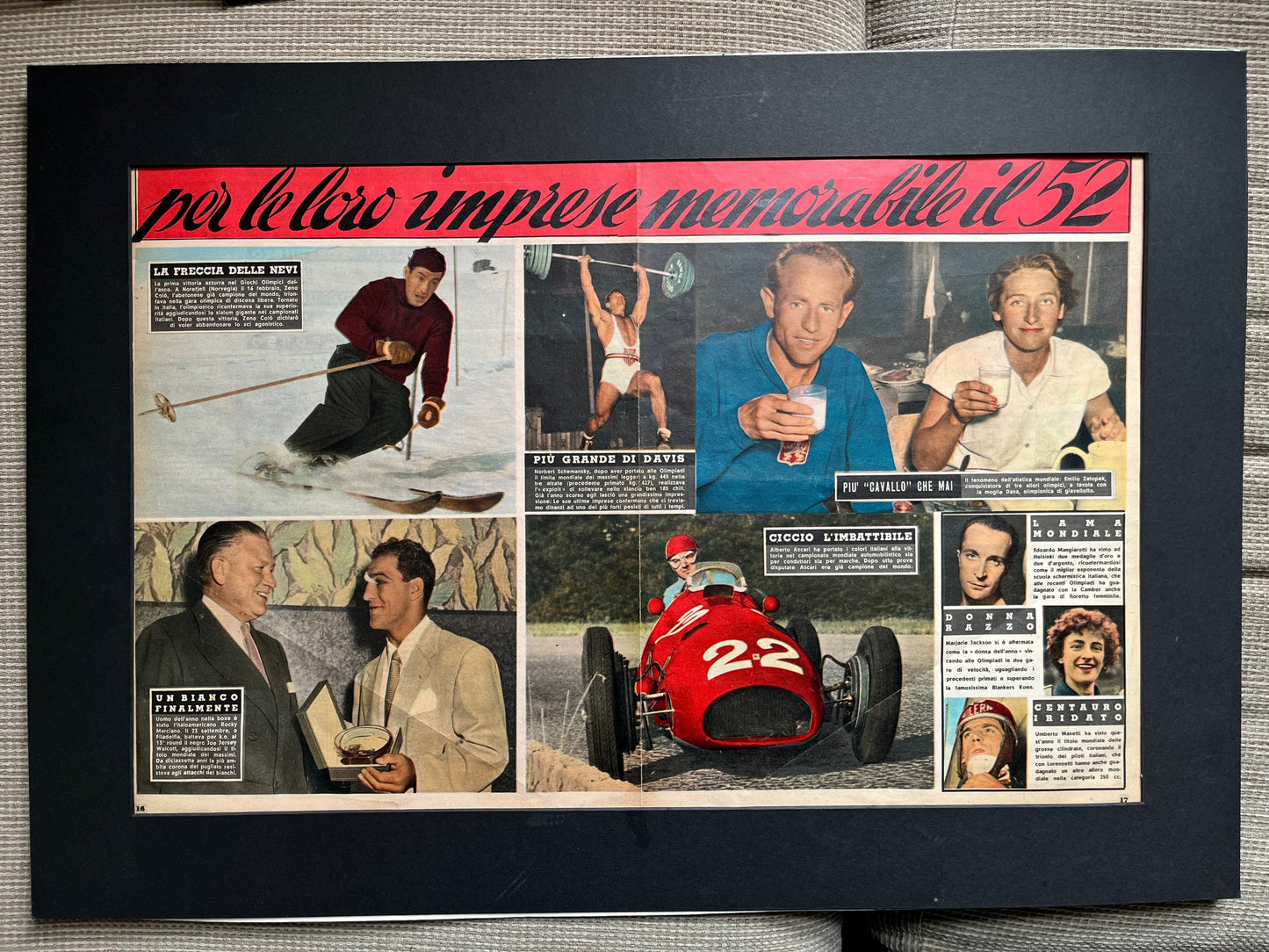 Vintage Italian sports print Ferrari / Rocky Marciano / Ski 1952