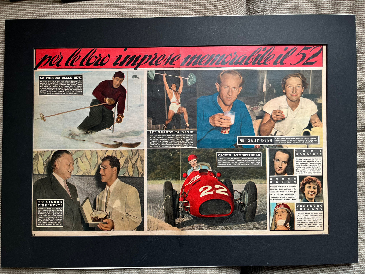 Vintage Italian sports print Ferrari / Rocky Marciano / Ski 1952