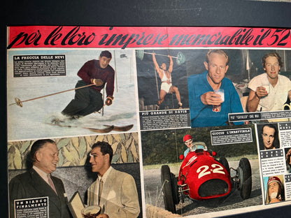 Vintage Italian sports print Ferrari / Rocky Marciano / Ski 1952