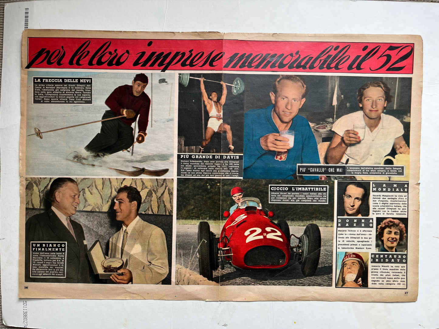 Vintage Italian sports print Ferrari / Rocky Marciano / Ski 1952