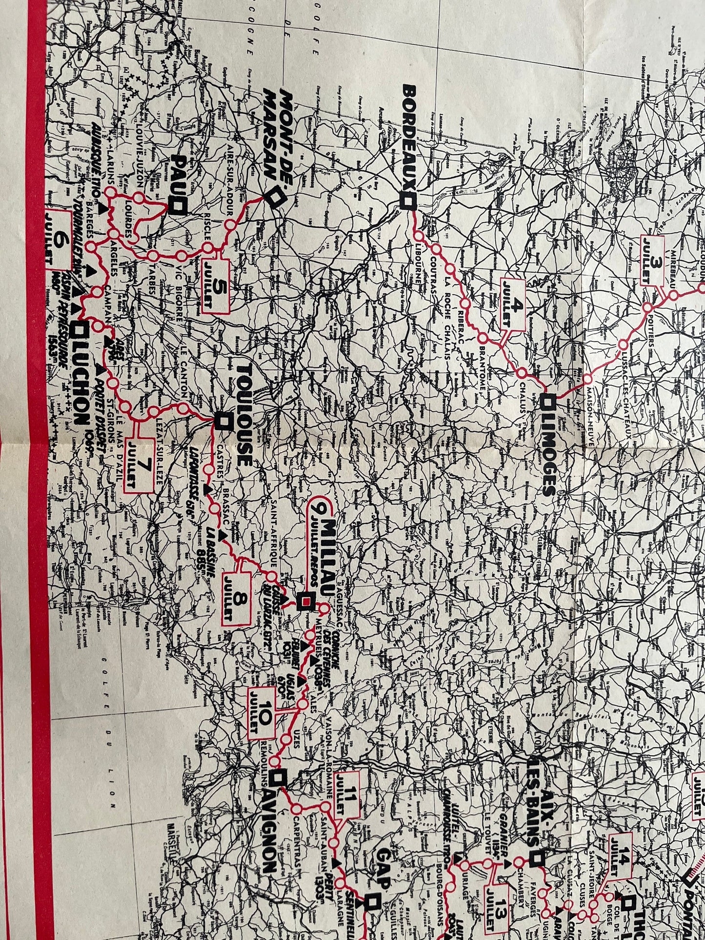 Vintage Cycling Print - Tour de France Route Map, 1960