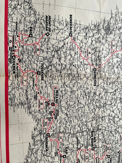 Vintage Cycling Print - Tour de France Route Map, 1960