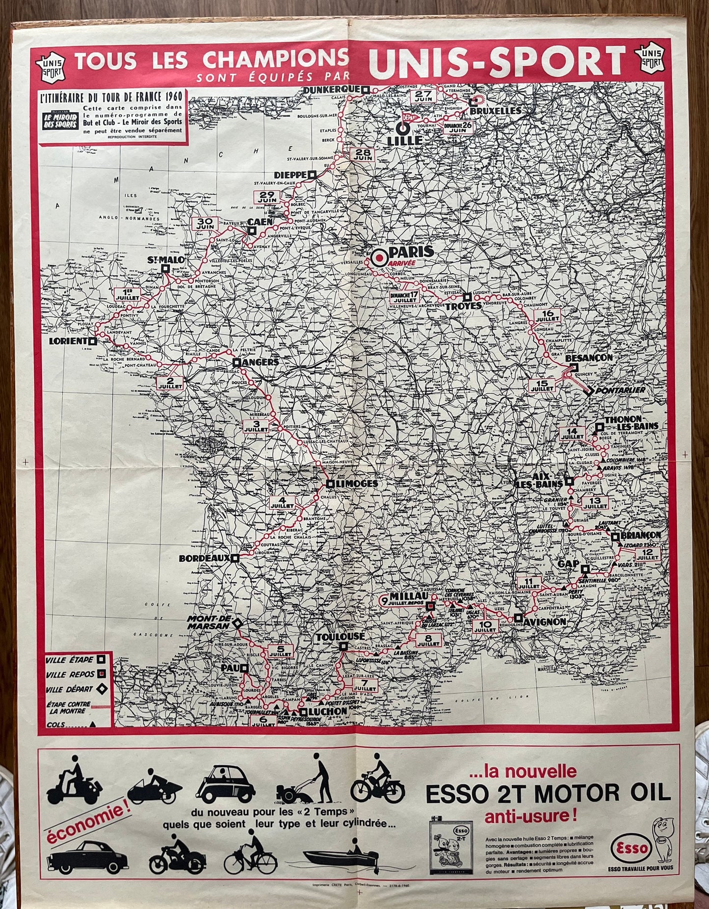 Vintage Cycling Print - Tour de France Route Map, 1960