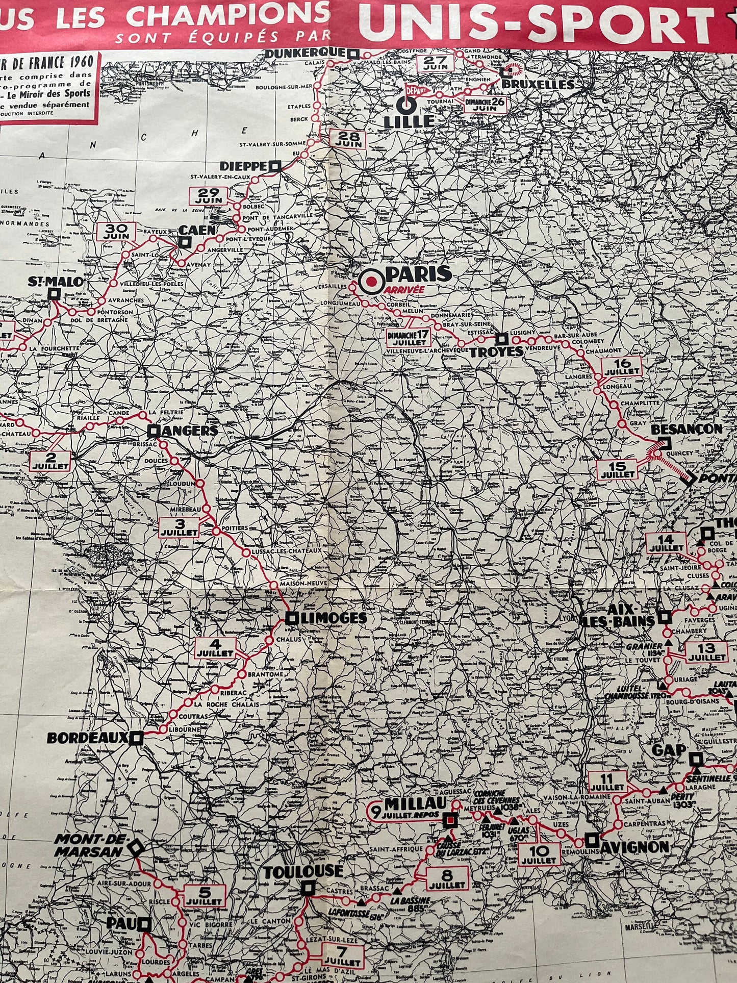 Vintage Cycling Print - Tour de France Route Map, 1960