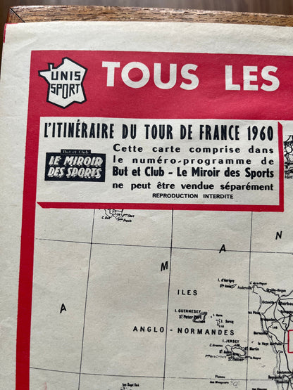 Vintage Cycling Print - Tour de France Route Map, 1960