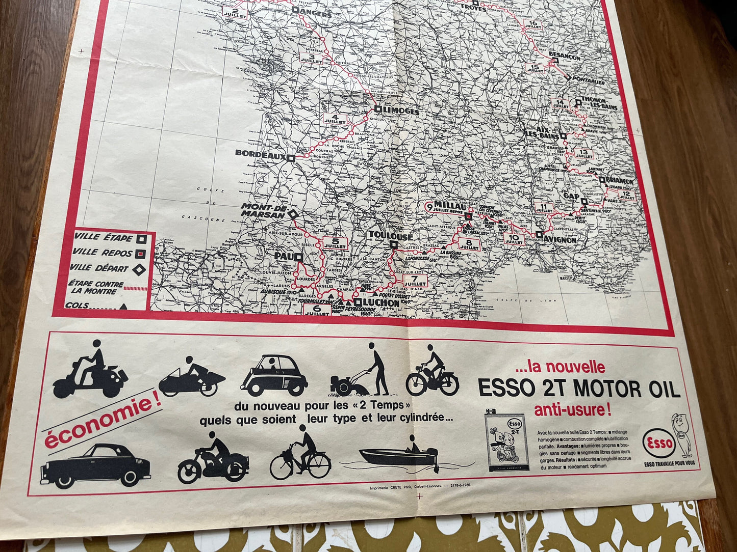 Vintage Cycling Print - Tour de France Route Map, 1960