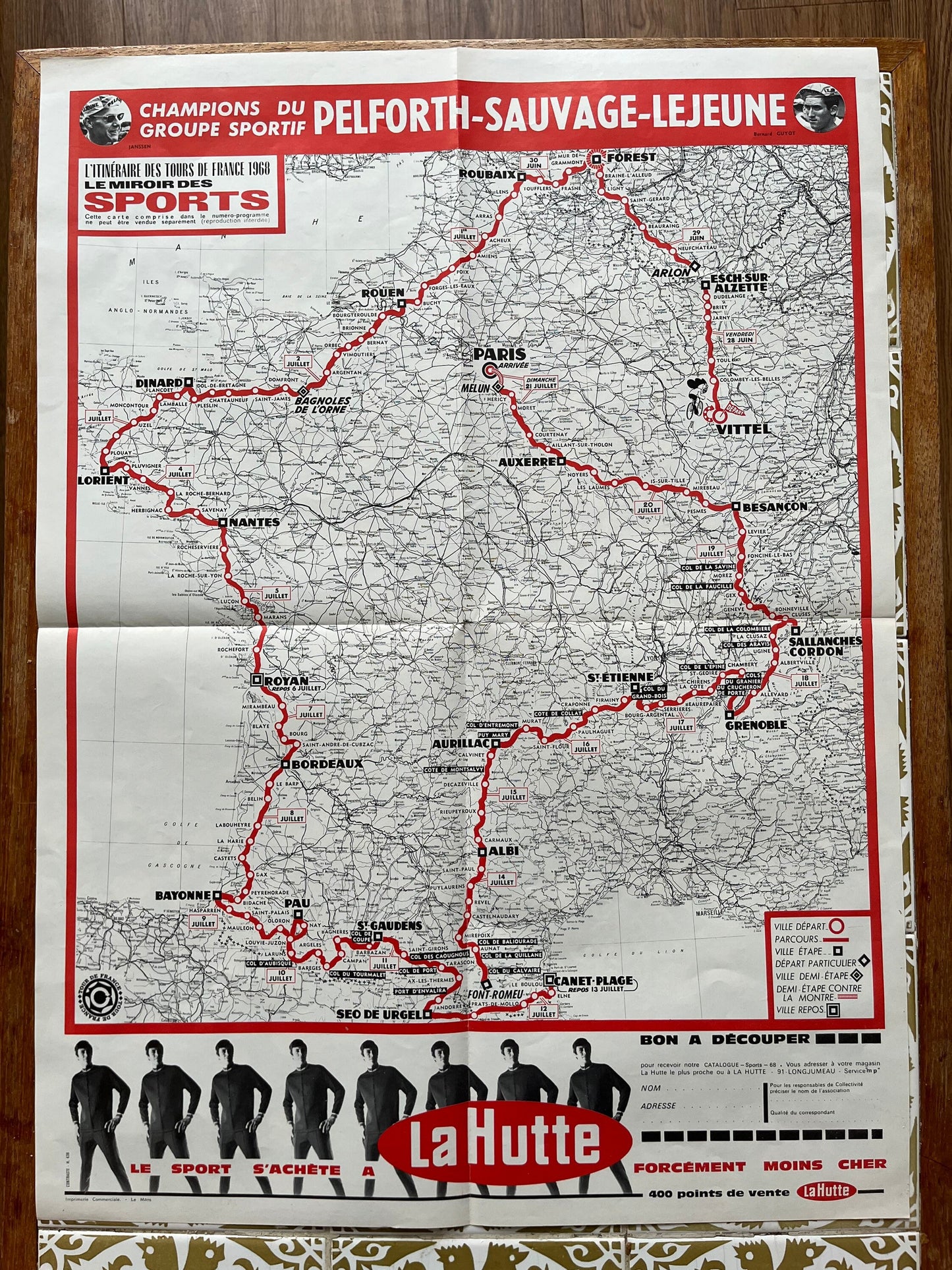 Vintage Cycling Print - Tour de France Route Map, 1968