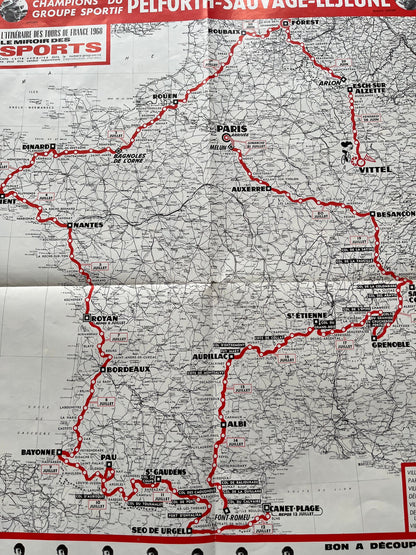 Vintage Cycling Print - Tour de France Route Map, 1968