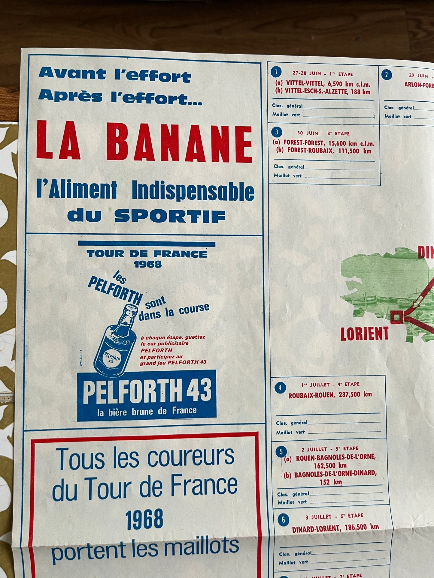Vintage Cycling Print - Tour de France Route Map, 1968
