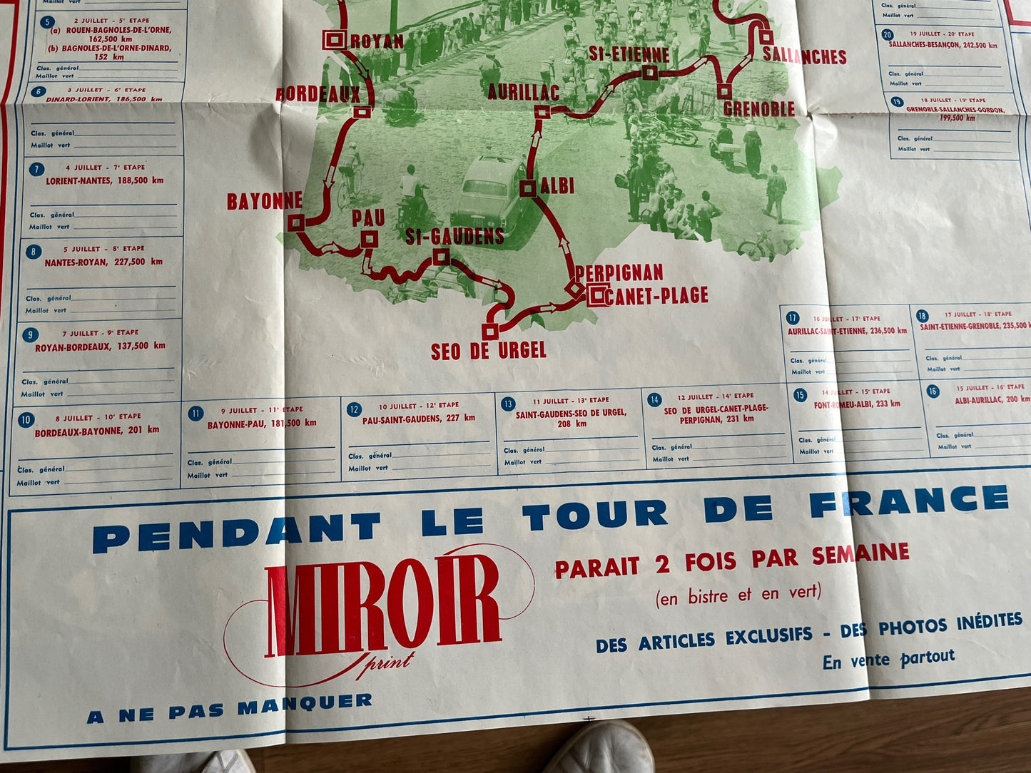Vintage Cycling Print - Tour de France Route Map, 1968