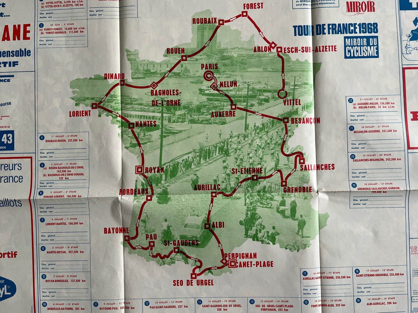Vintage Cycling Print - Tour de France Route Map, 1968