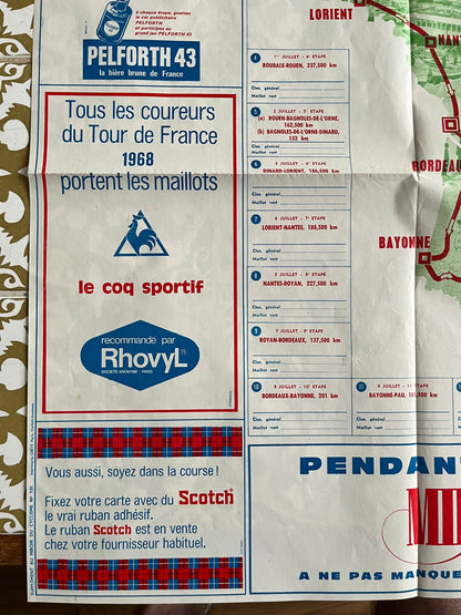 Vintage Cycling Print - Tour de France Route Map, 1968