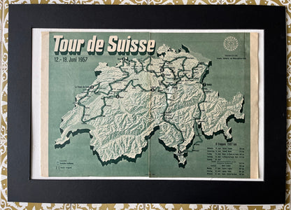 Vintage Cycling Print - Tour de Suisse Map - Tour of Switzerland, Original  1957