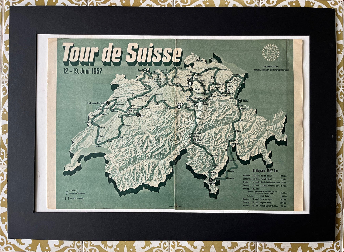 Vintage Cycling Print - Tour de Suisse Map - Tour of Switzerland, Original  1957