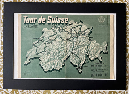 Vintage Cycling Print - Tour de Suisse Map - Tour of Switzerland, Original  1957