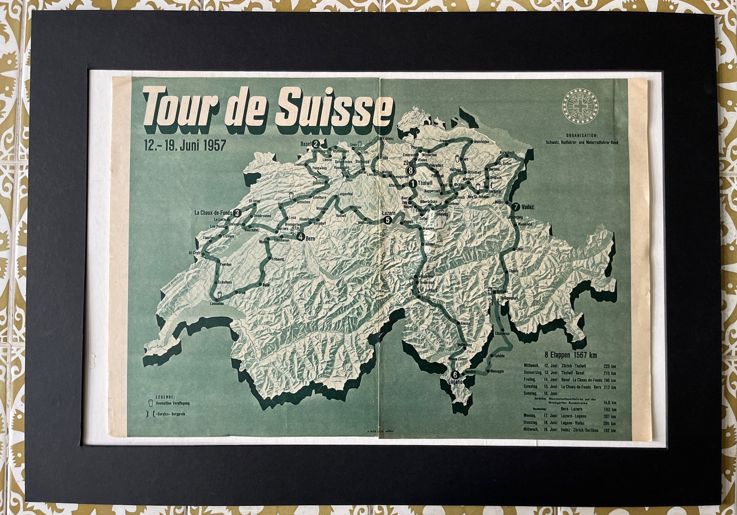 Vintage Cycling Print - Tour de Suisse Map - Tour of Switzerland, Original  1957