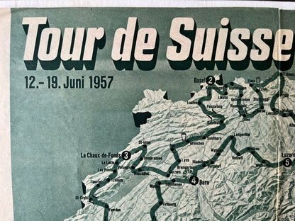 Vintage Cycling Print - Tour de Suisse Map - Tour of Switzerland, Original  1957