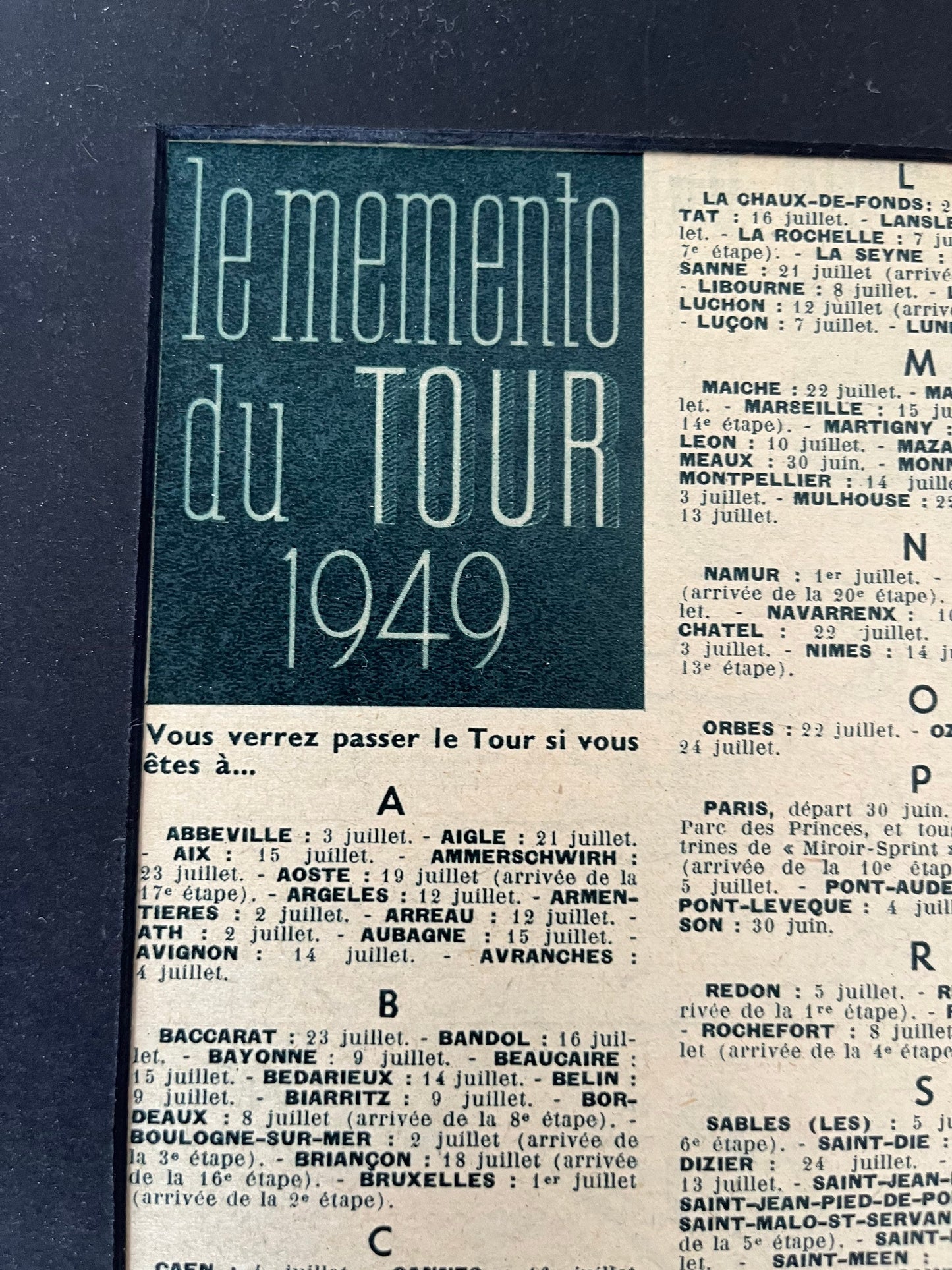 Vintage Cycling Print - Tour de France Riders' List - Original, 1949