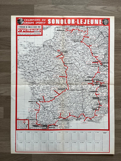 Vintage Tour de France Route Map - Eddy Merckx Era, 1969