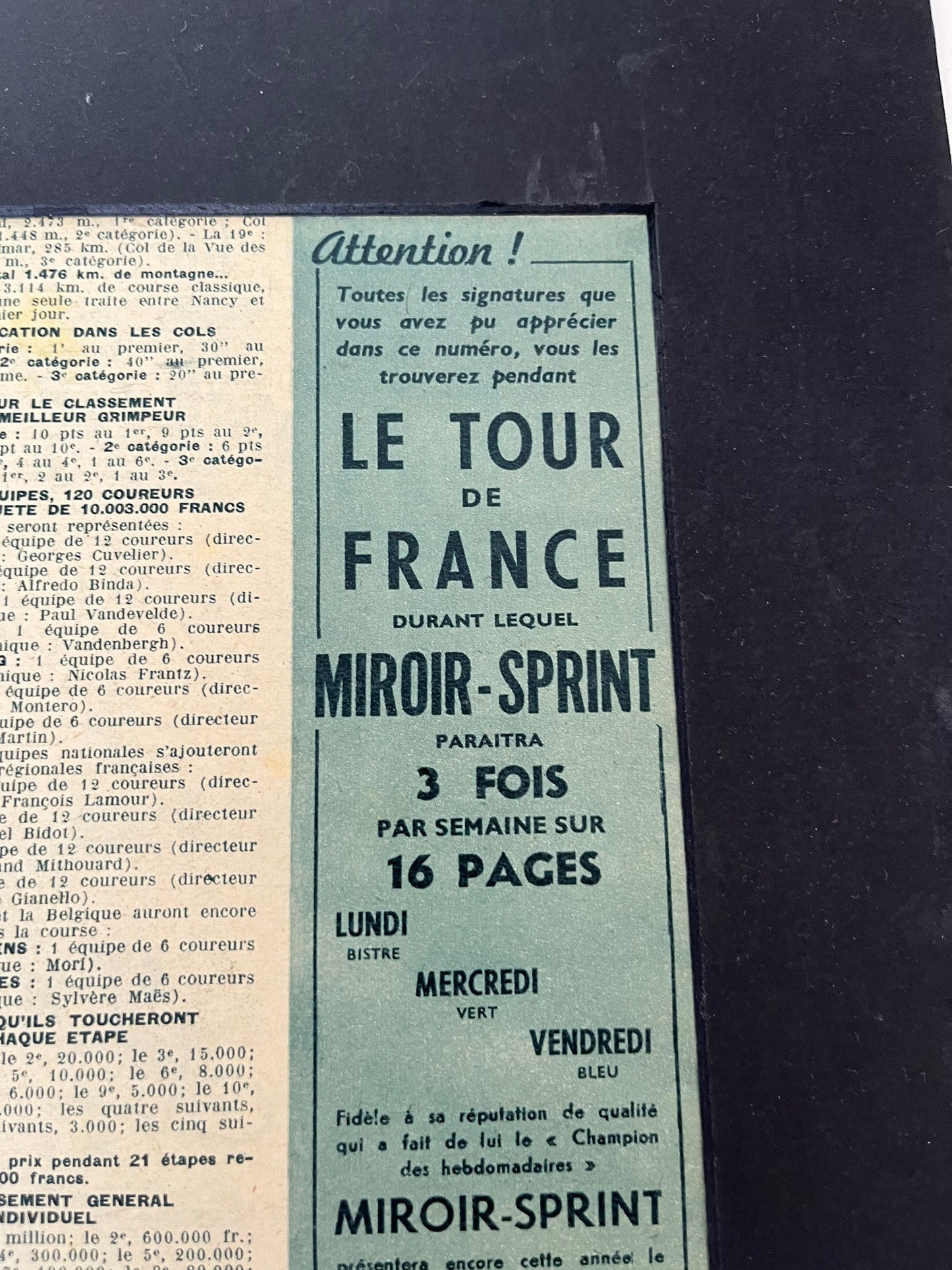 Vintage Cycling Print - Tour de France Riders' List - Original, 1949